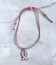 Charger l'image dans la galerie, Bracelet octobre rose en Coton Rose fils d’or Coulissant pendentif acier ruban rose