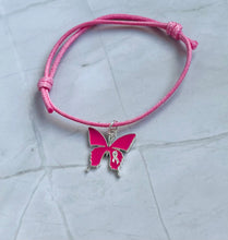 Charger l'image dans la galerie, Bracelet octobre rose en Coton Rose Coulissant charm acier papillon rose avec mini ruban
