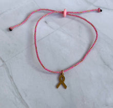 Charger l'image dans la galerie, Bracelet octobre rose en Coton Rose fils d’or Coulissant petit ruban doré