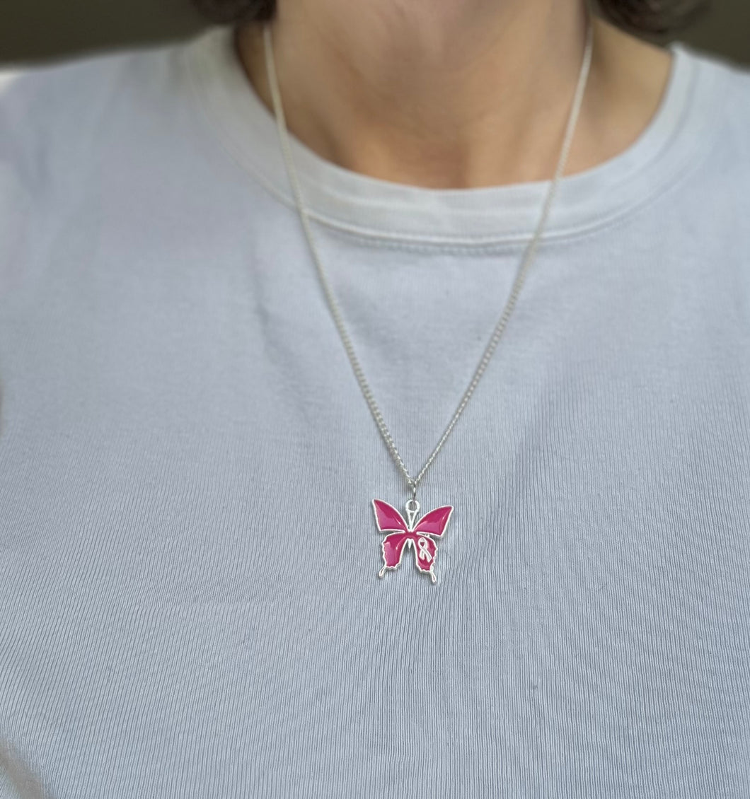 Collier octobre rose en acier inoxydable avec pendentif papillon rose et mini ruban