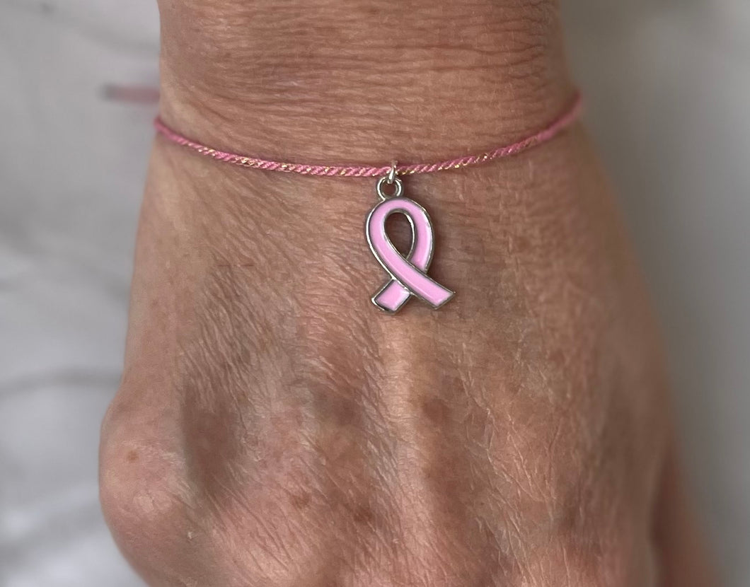 Bracelet octobre rose en Coton Rose fils d’or Coulissant pendentif acier ruban rose