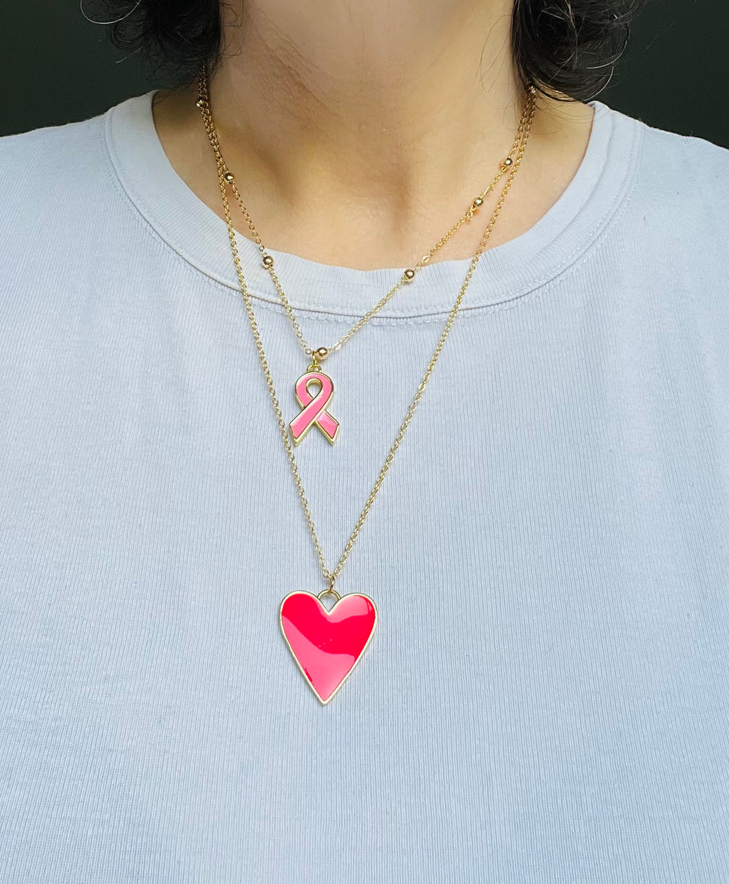 Collier octobre rose double chaîne en acier inoxydable doré pendentifs cœur et ruban rose