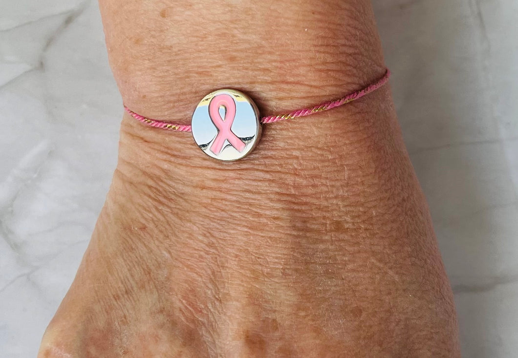 Bracelet octobre rose en Coton Rose fils d’or Coulissant perle acier ruban rose