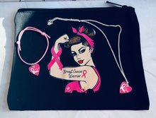 Charger l&#39;image dans la galerie, Pochette cadeau octobre rose parure collier cœur ruban Hope et bracelet argent
