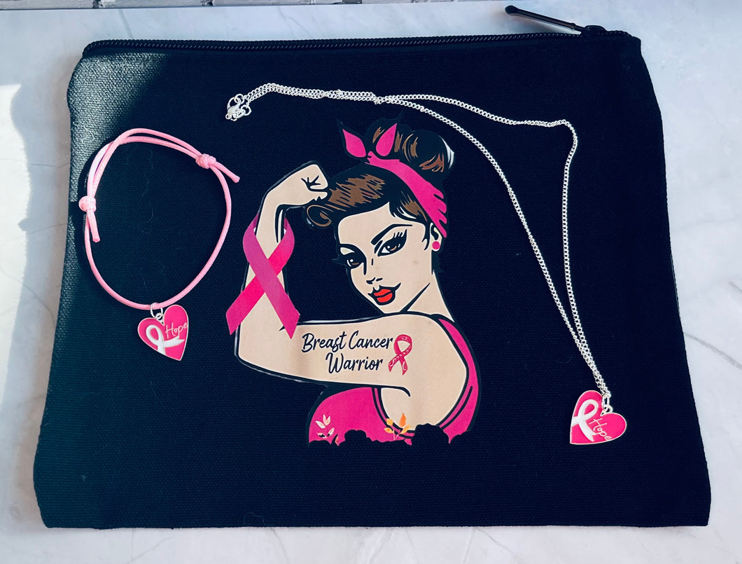 Pochette cadeau octobre rose parure collier cœur ruban Hope et bracelet argent