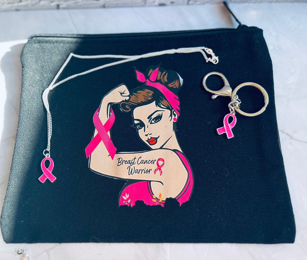 Pochette cadeau octobre rose parure collier ruban rose et porte clé