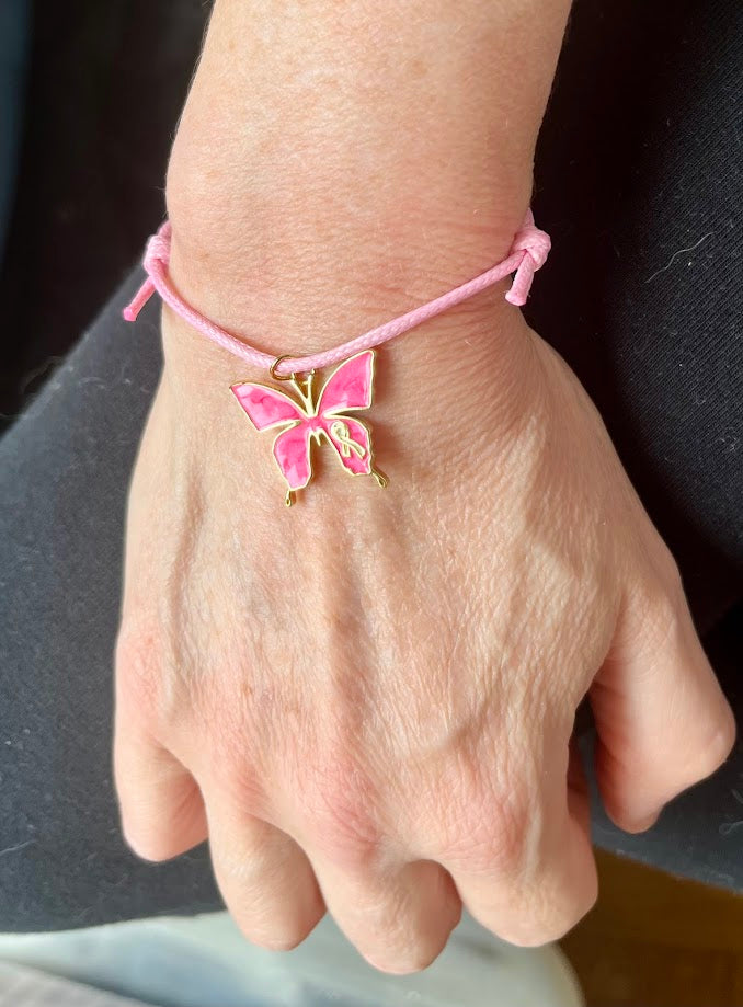 Bracelet octobre rose en Coton Rose Coulissant charm papillon rose avec mini ruban