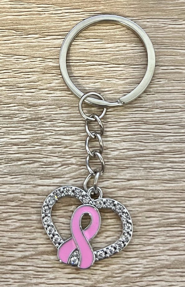 Porte clé Octobre Rose coeur strass et ruban rose