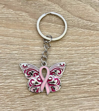Charger l&#39;image dans la galerie, Porte clé Octobre Rose papillon et ruban rose

