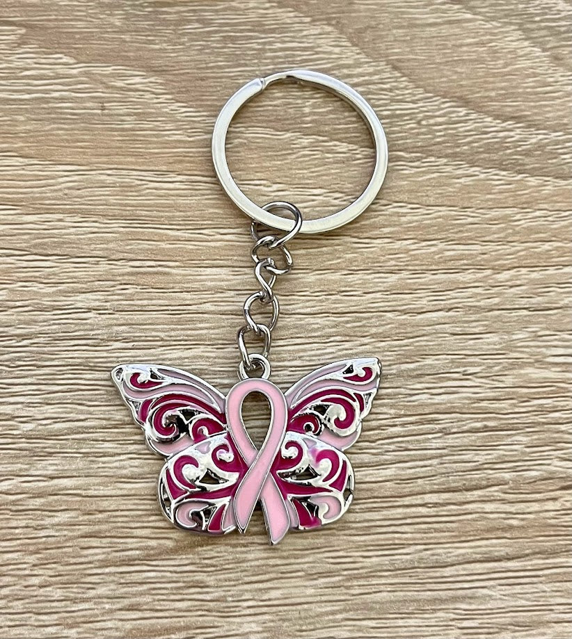 Porte clé Octobre Rose papillon et ruban rose