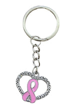 Charger l&#39;image dans la galerie, Porte clé Octobre Rose coeur strass et ruban rose
