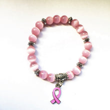Charger l&#39;image dans la galerie, Bracelet Octobre Rose Lutte Contre Le Cancer du Sein avec Perle Opale Rose et Ruban Rose
