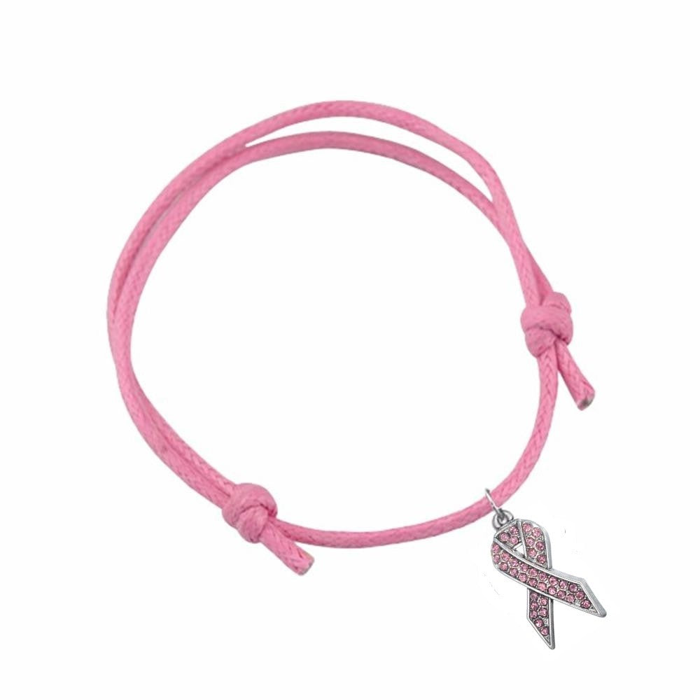 Bracelet octobre rose en Coton Rose Coulissant et Ruban zircon strass rose