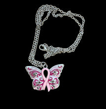 Charger l&#39;image dans la galerie, Collier Octobre Rose papillon et ruban rose
