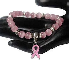 Charger l&#39;image dans la galerie, Bracelet Octobre Rose Lutte Contre Le Cancer du Sein avec Perle Opale Rose et Ruban Rose
