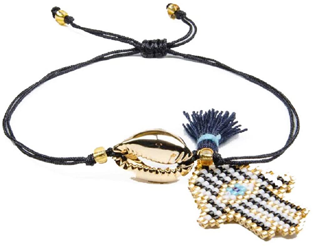 STRASS & PAILLETTES Bracelet en Coton Noir avec Coquillage doré, Pompon Noir et Main de Fatma tissé en Perles. Bracelet Lien Coulissant Coquillage et Perle tissé