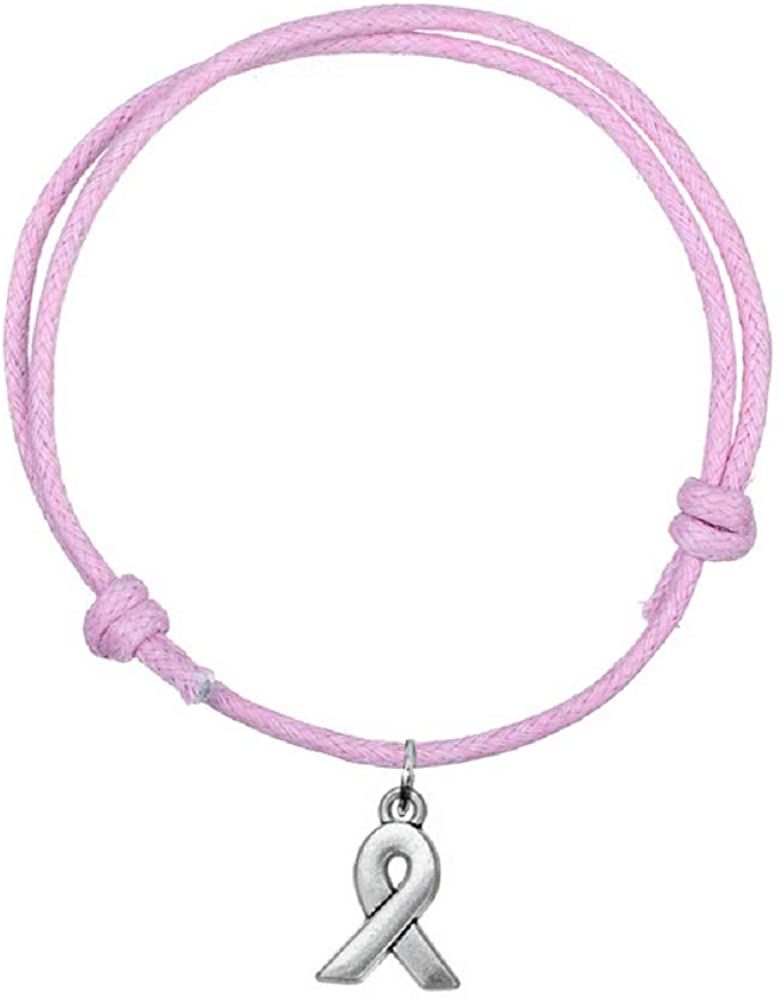 Bracelet Octobre Rose. Bracelet Lutte Contre Le Cancer du Sein en Coton Rose Coulissant et Ruban argenté