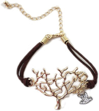 Charger l&#39;image dans la galerie, Bracelet Marron Arbre de Vie doré et Petit Oiseau en Strass argenté
