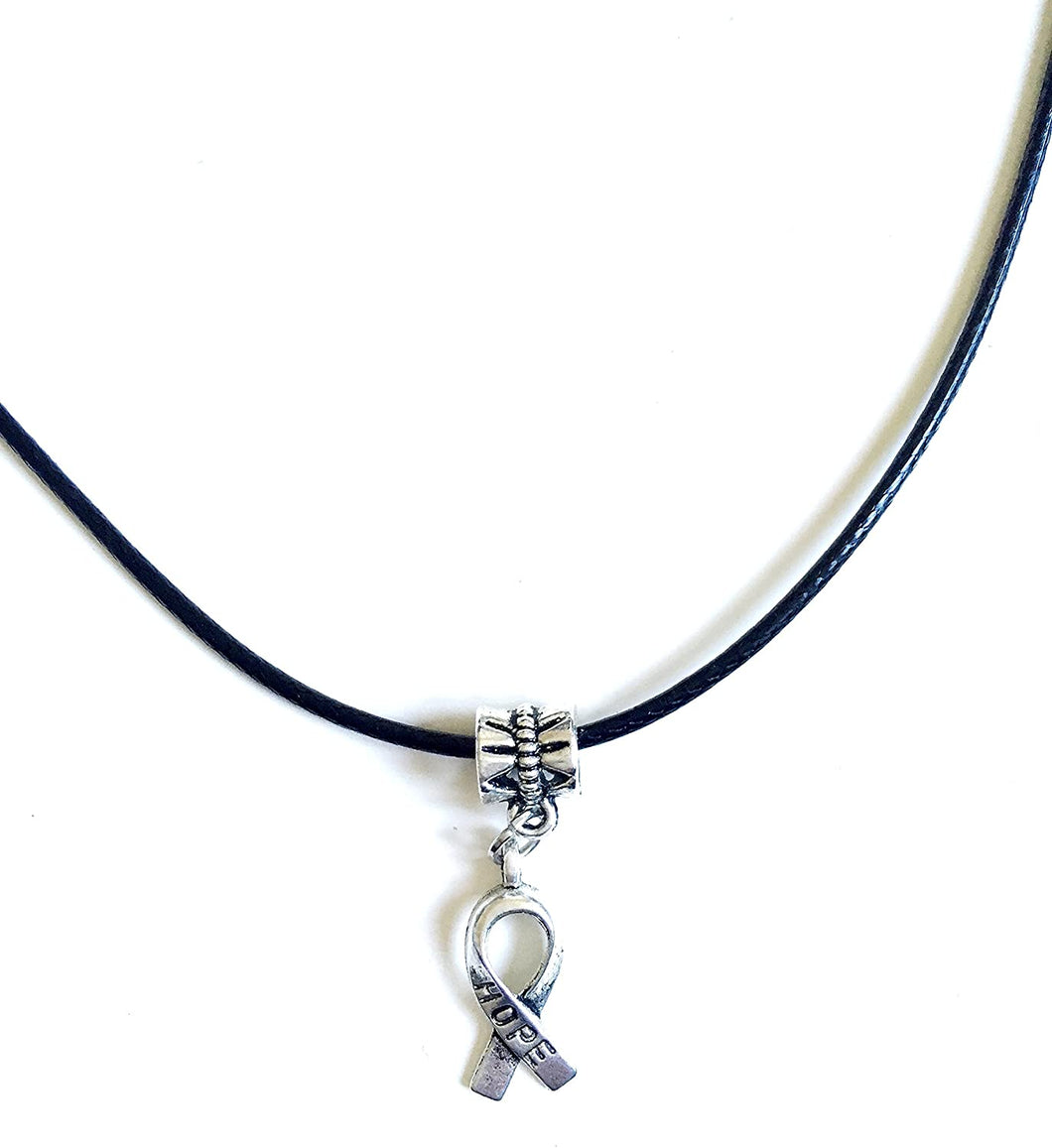 Collier Cordon Noir Pendentif Ruban argenté Hope Lutte Contre Le Cancer