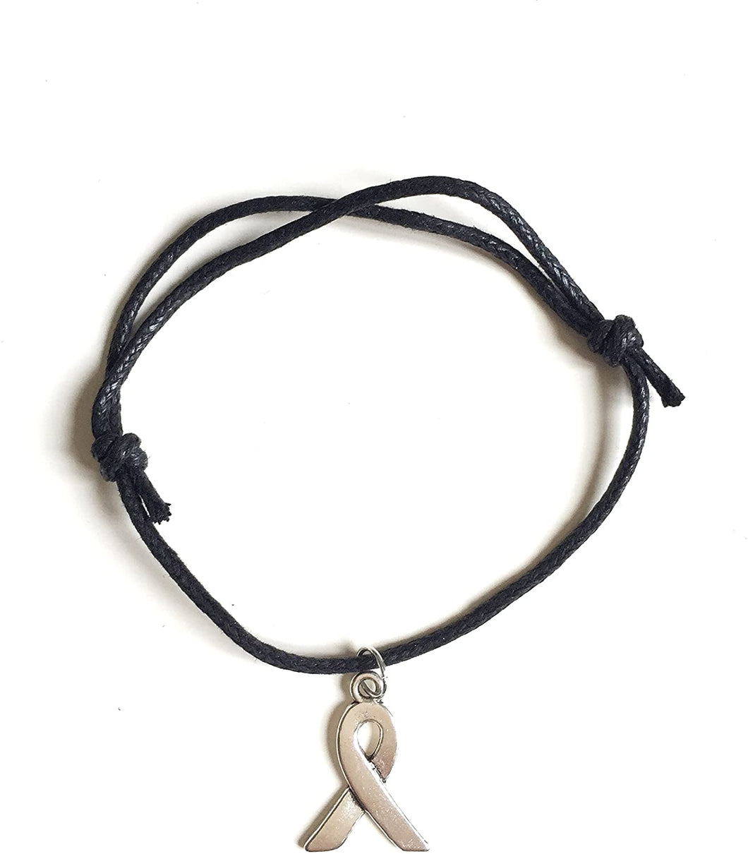 Bracelet Lutte Contre Le Cancer en Coton Noir coulissant et Ruban argenté