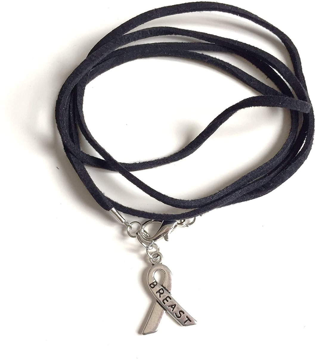 Bracelet Collier 2 en 1 Lutte Contre Le Cancer du Sein en Faux Daim Noir et Ruban argenté Breast