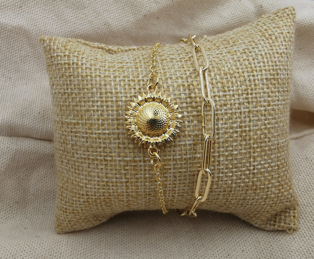 Bracelet CLYTIE double chaine en maille rectangle et forçat avec un tournesol