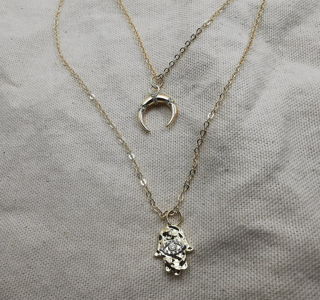 Collier Fatima Luna Deux Rangs Chaine lune et main de Fatma