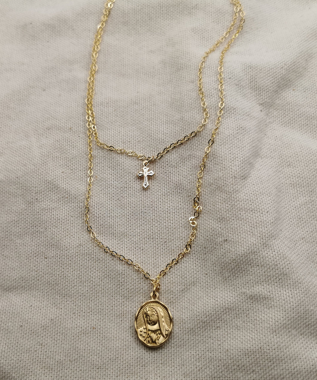 Collier Marie Jesus Deux Rangs Chaine croix crucifix et médaille de la vierge Marie