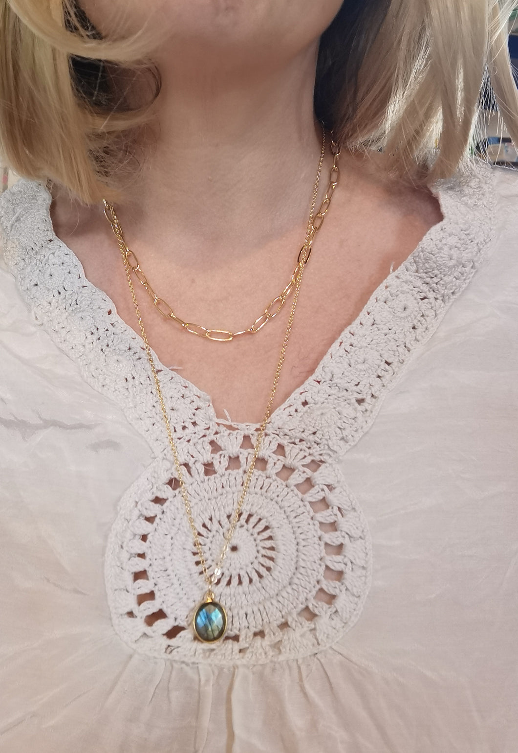 Collier EMMANUELLE double maille rectangle et maille fine avec pendentif en pierre naturelle